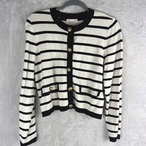 Marled Womens Striped Cardigan Sweater Gold Crest Buttons Black cream Size M